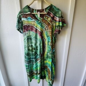 LIVE AND TELL Green Turquoise Geode Ice Dyed Tie-Dye T-shirt Dress Size S/M